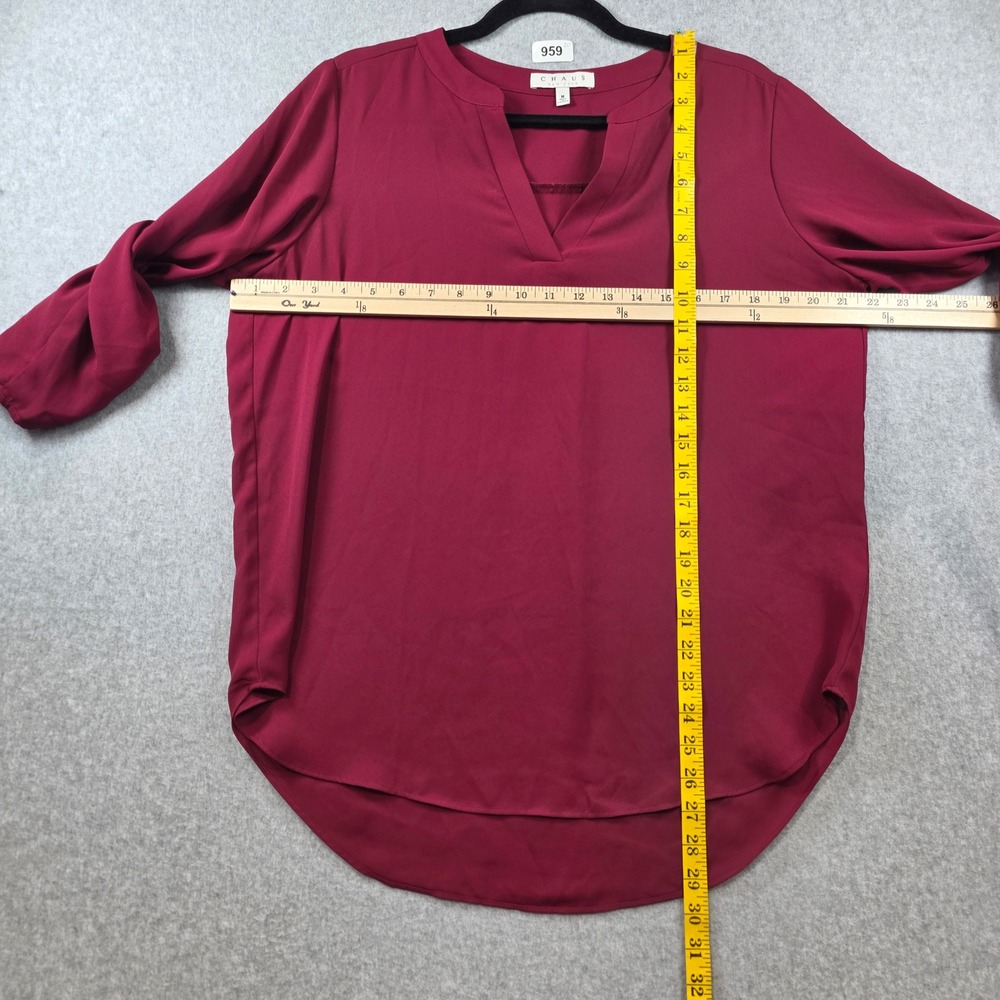 Chaus New York Womens Burgundy Split V-Neck Roll Tab Sleeve Blouse Size M - Picture 5 of 7